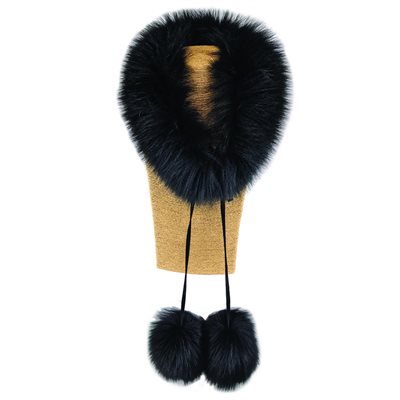 Fur Scarf W/ Poms - Black Fox Fur