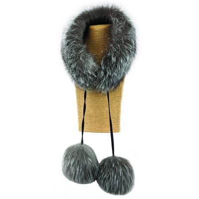 Fur Scarf W/ Poms - Indigo Fox Fur