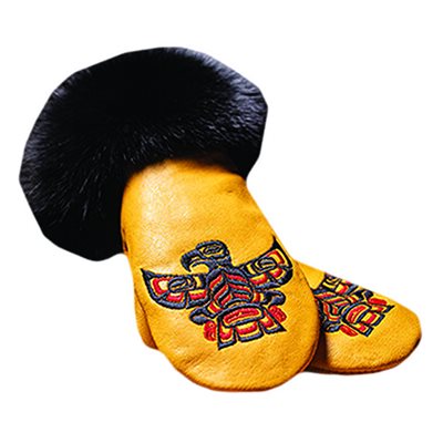 Moose Mitts - Gold W/Fox Fur & Eagle (Medium) 