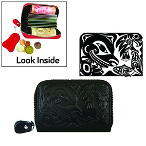 Leather Card Wallet - Bear W/ Eagle & Salmon (Black)