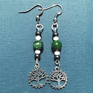 Silver Earings With Green Bead And Tree