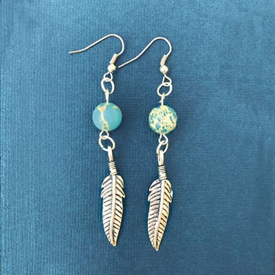Silver Earings With Bead And Feather