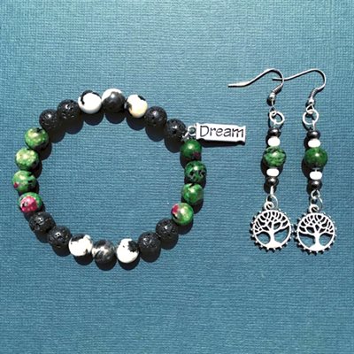 Silver Earing And Bracelet Set With Lava Beads
