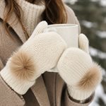 Icelandic Wool Mittens (Cream with Beige Pom)