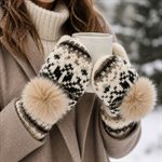 Icelandic Wool Mittens (Cream/Brown with Beige Pom)